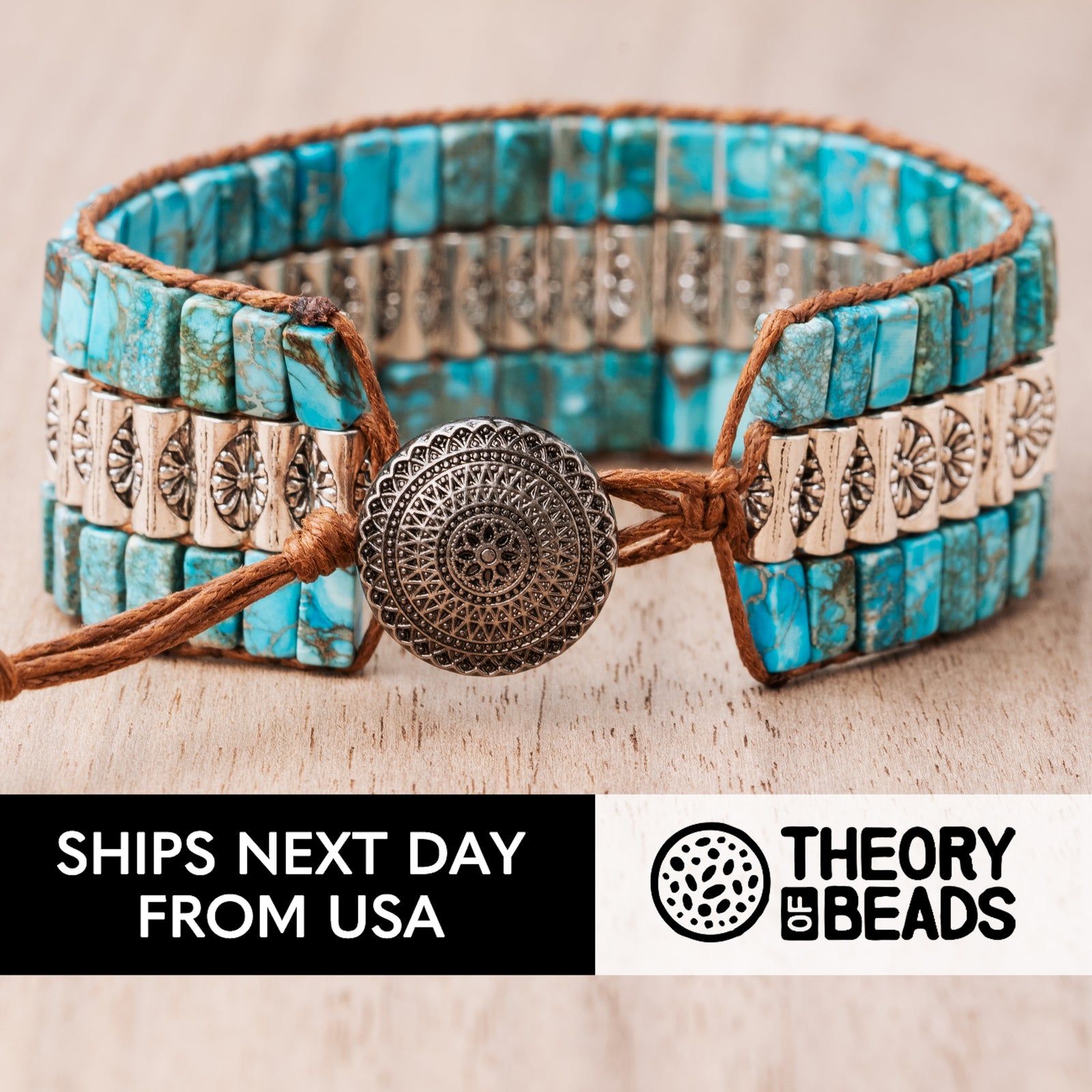 Blue and silver single wrap bracelet with natural turquoise stone