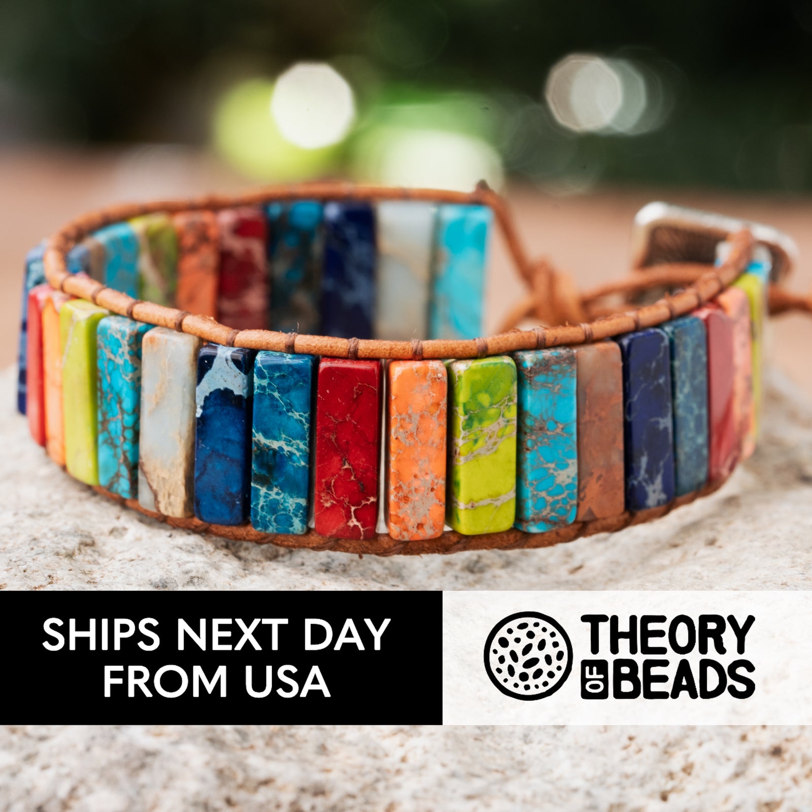 Theory of Beads handmade colorful women bracelet. Natural stone bracelet with red blue and green stones. Jasper stone bracelet