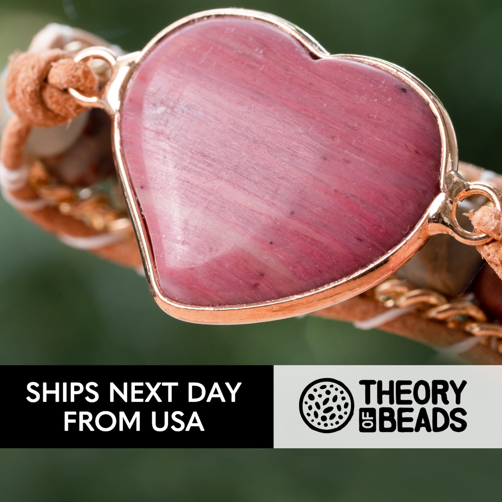 Natural pink rhodonite stone bracelet in heart shape