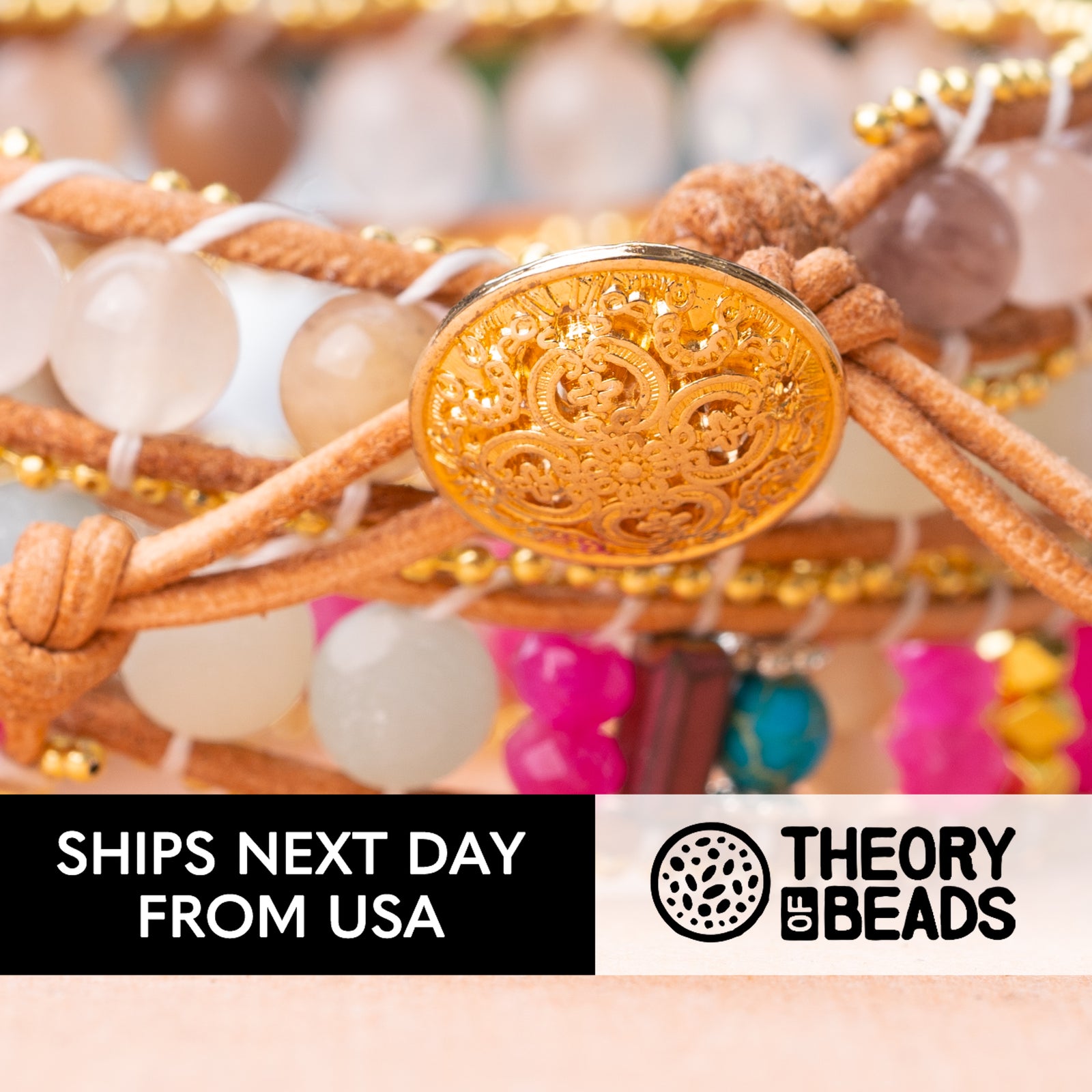 Three leather wrap bracelet with natural love stone. Rose quartz bracelet