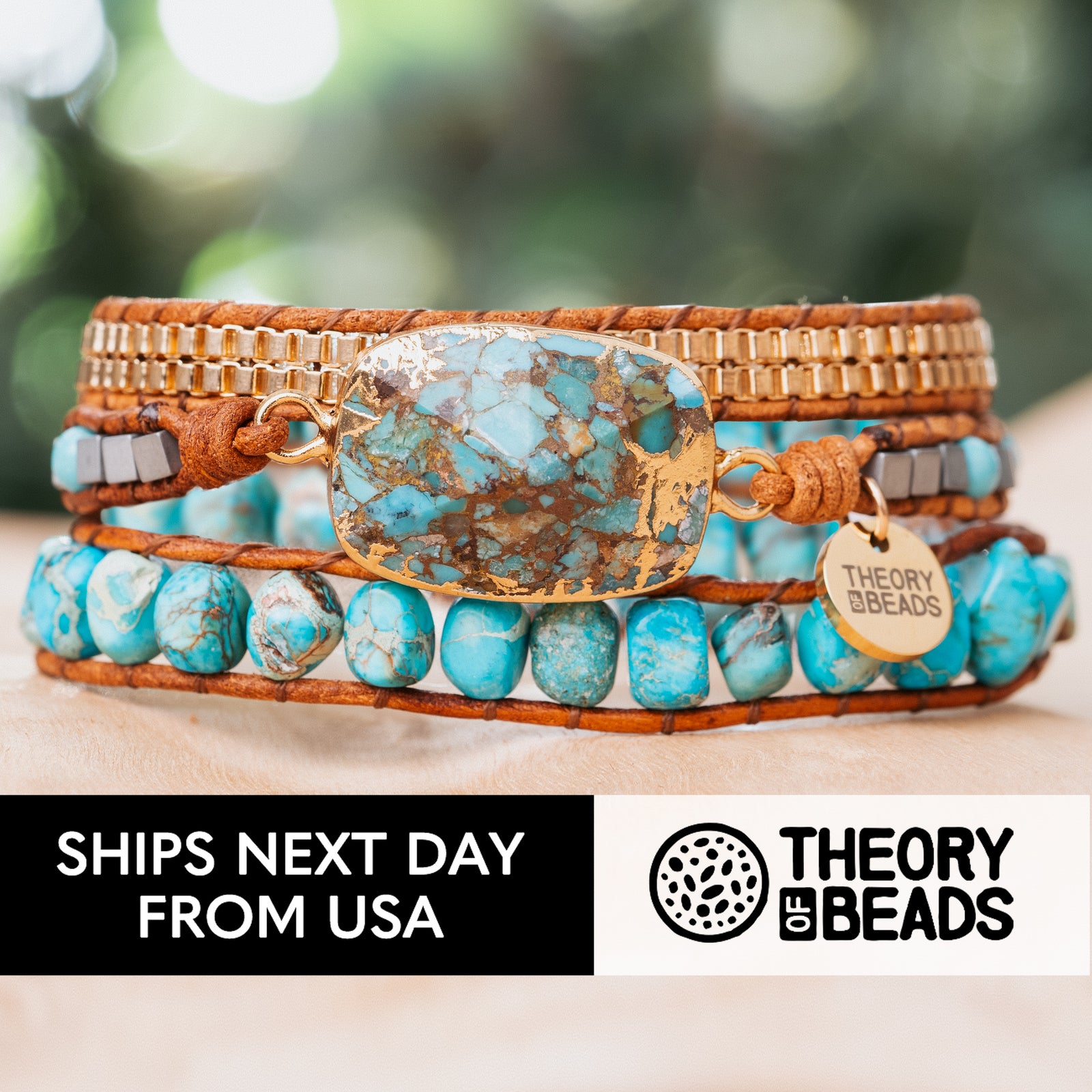 Blue and gold three wrap stone bracelet