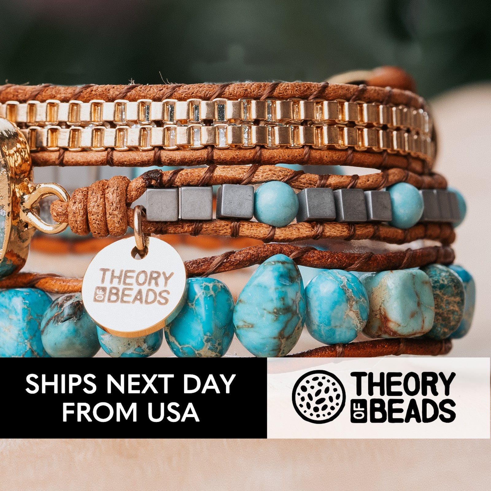 Three leather wrap turquoise stone bracelet