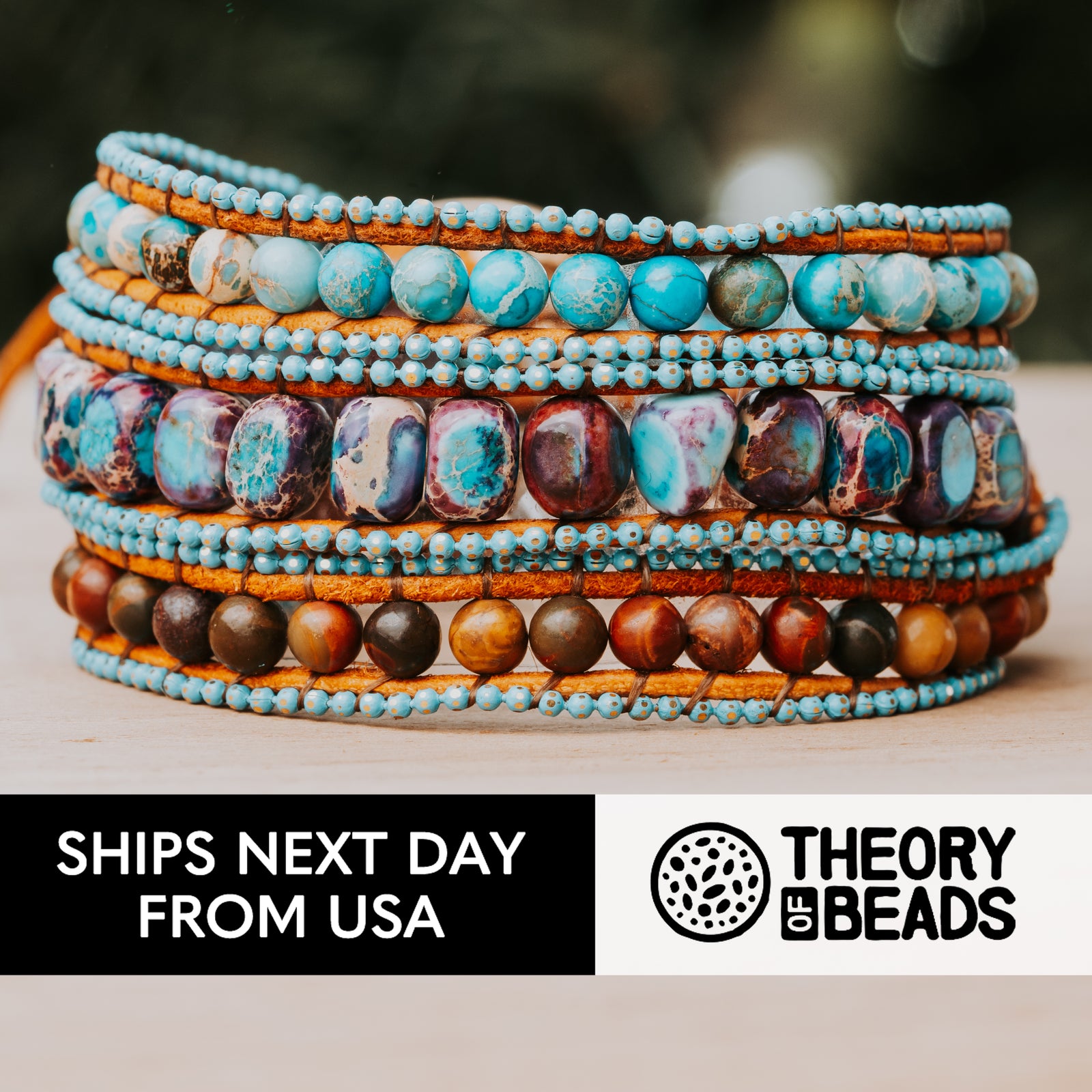 Three leather wrap bracelet with natural jasper stone