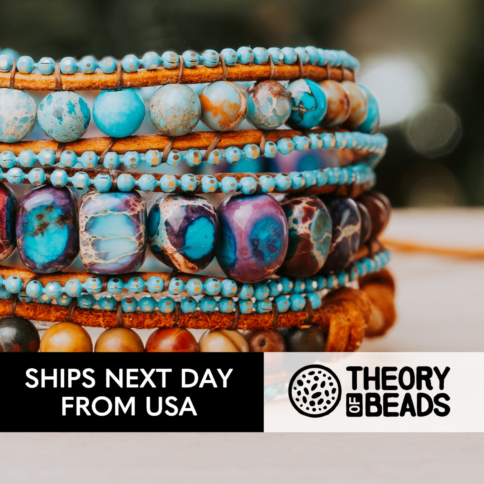 Natural triple wrap bracelet with blue sea sediment jasper stones