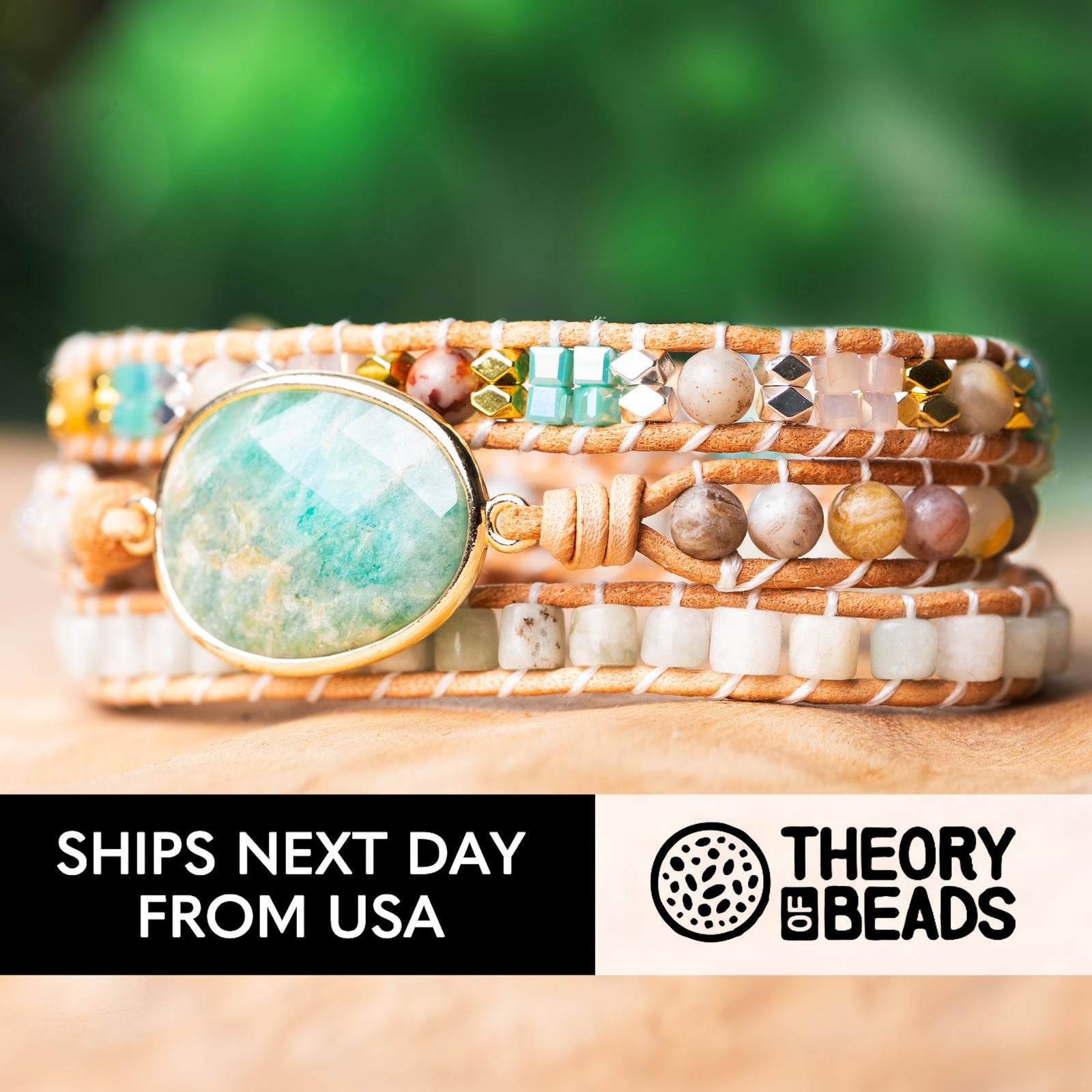 Handmade triple wrap bracelet with natural amazonite stone