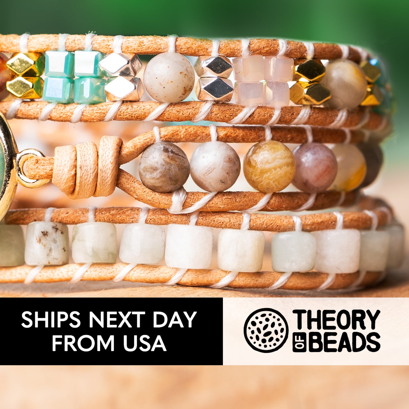 Triple wrap bracelet with natural amazonite stone and jasper stone beads