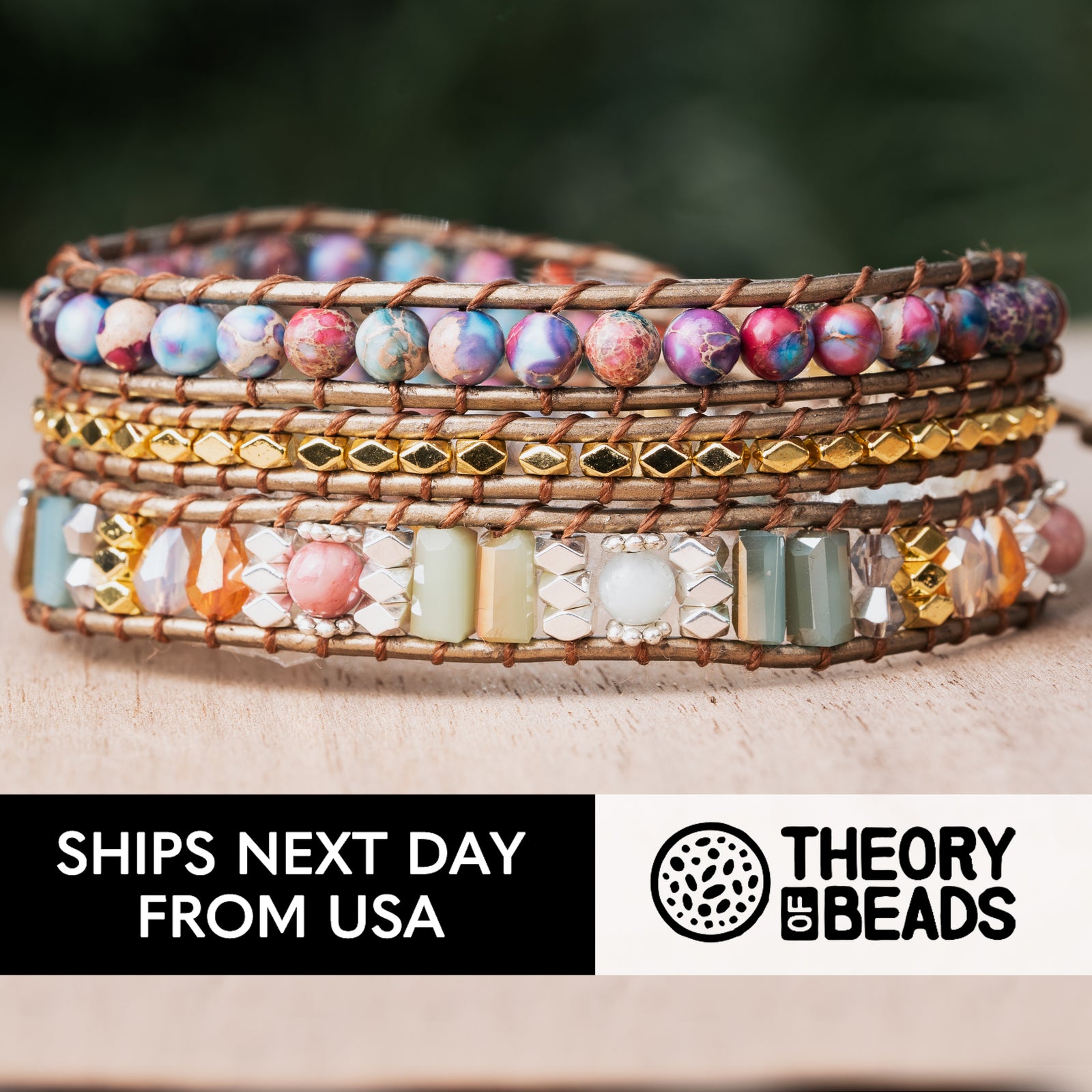 Galaxy purple and gold jasper and amazonite stone three leather wrap bracelet for her