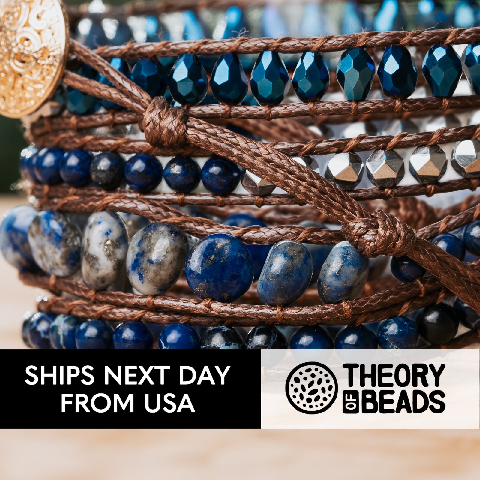 Five leather wrap bracelet with deep blue lapis lazuli bracelet