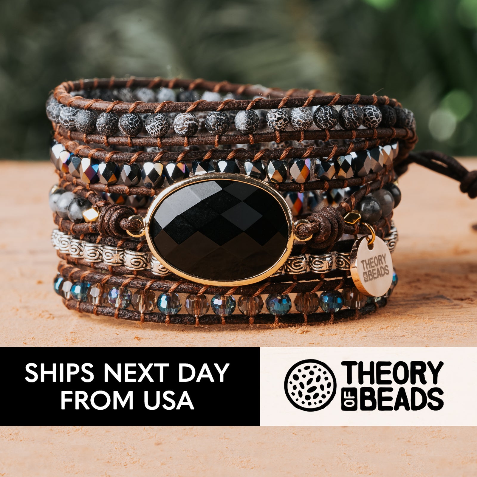 Handmade black natural onyx stone bracelet with black and silver crystal beads