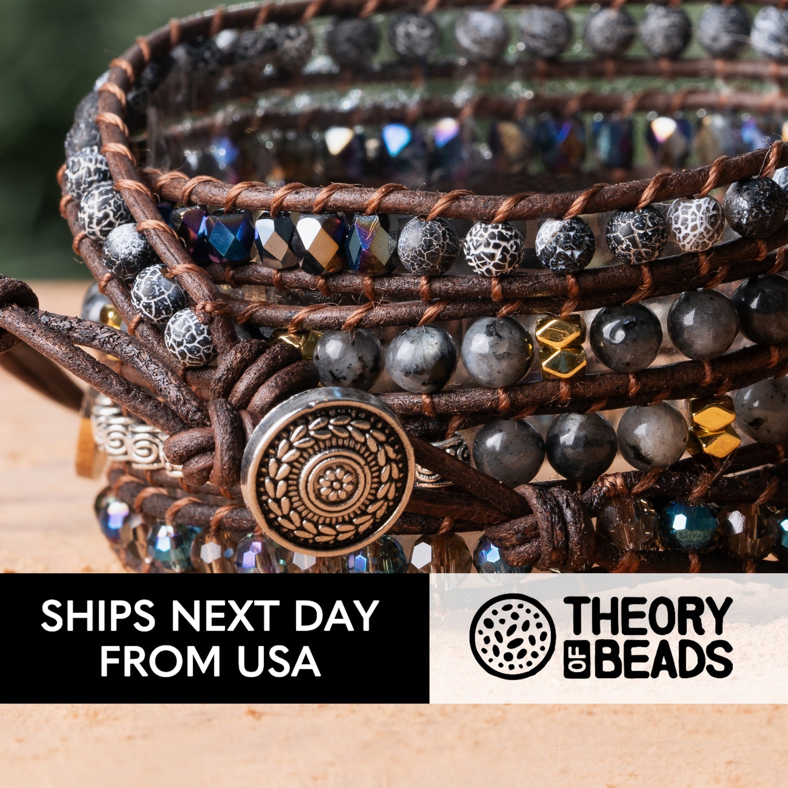 Silver and black natural onyx stone bracelet with five leather wraps