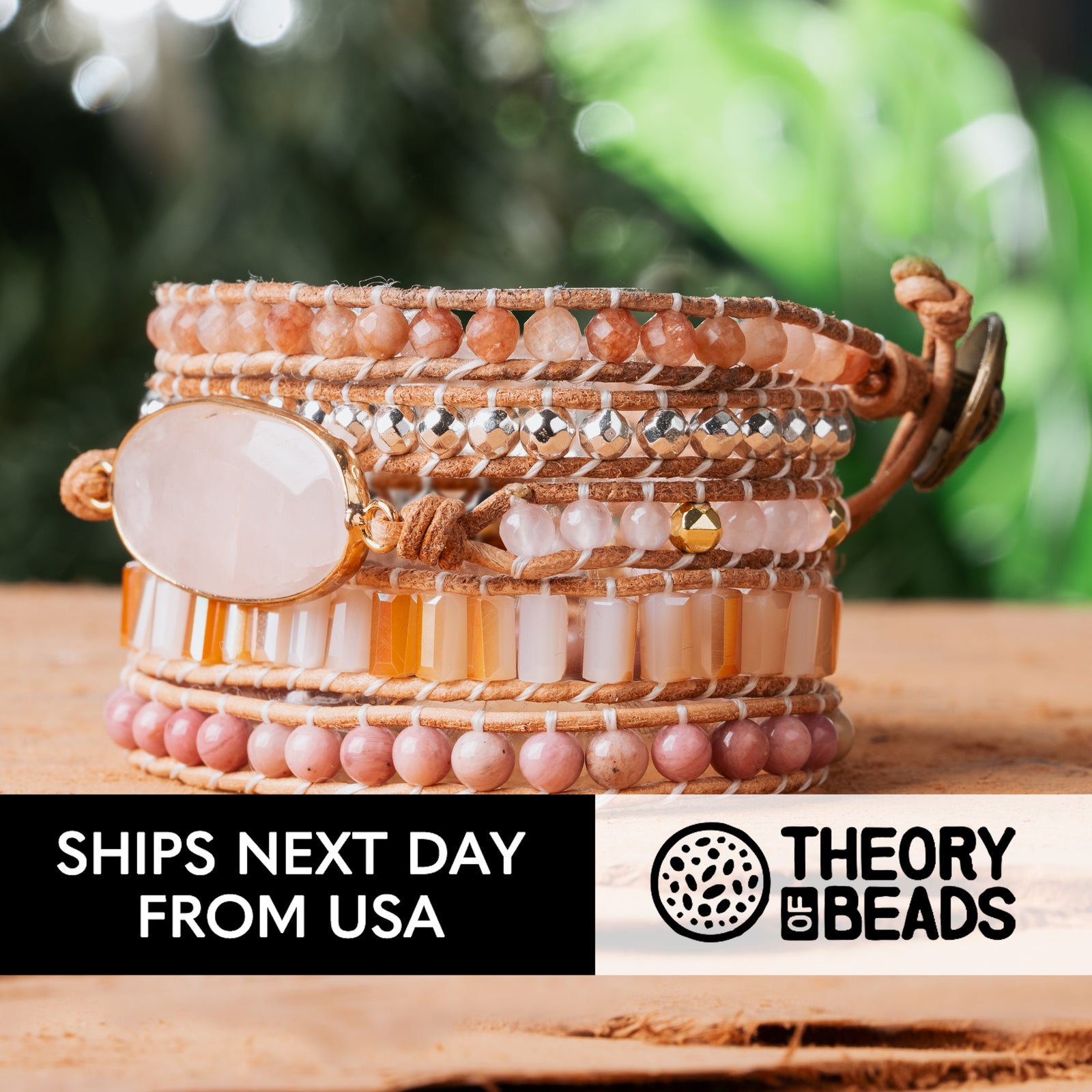 Theory of beads five leather wrap bracelet with rose quartz and sunstone
