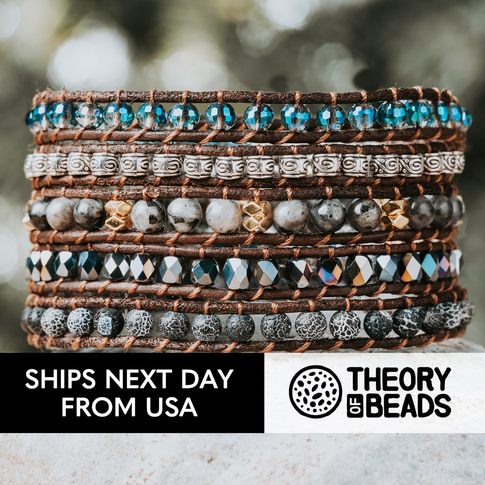 Five leather wrap bracelet with natural quartz crystal. Silver and black wrap bracelet