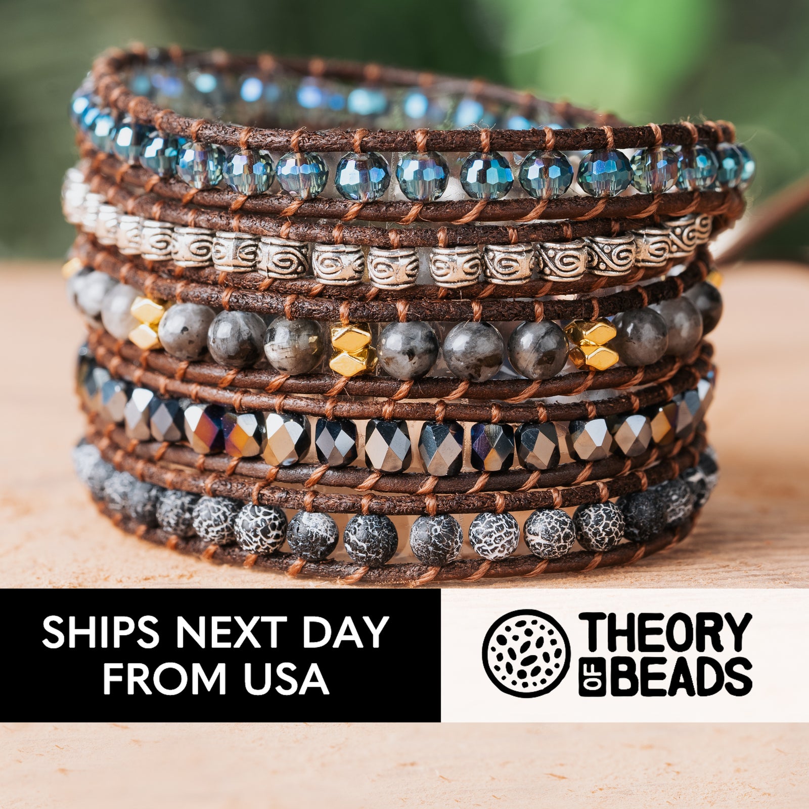 Women's healing stone bracelet with five leather wraps