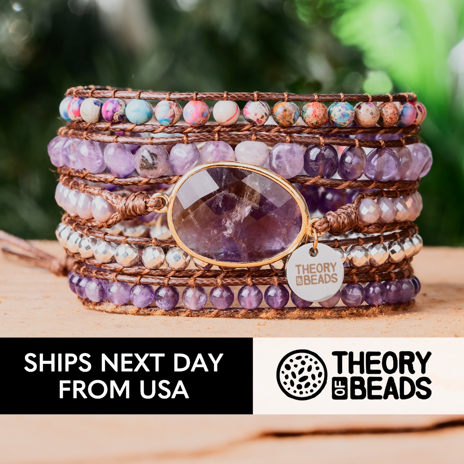 Purple five leather wrap amethyst crystal stone bracelet