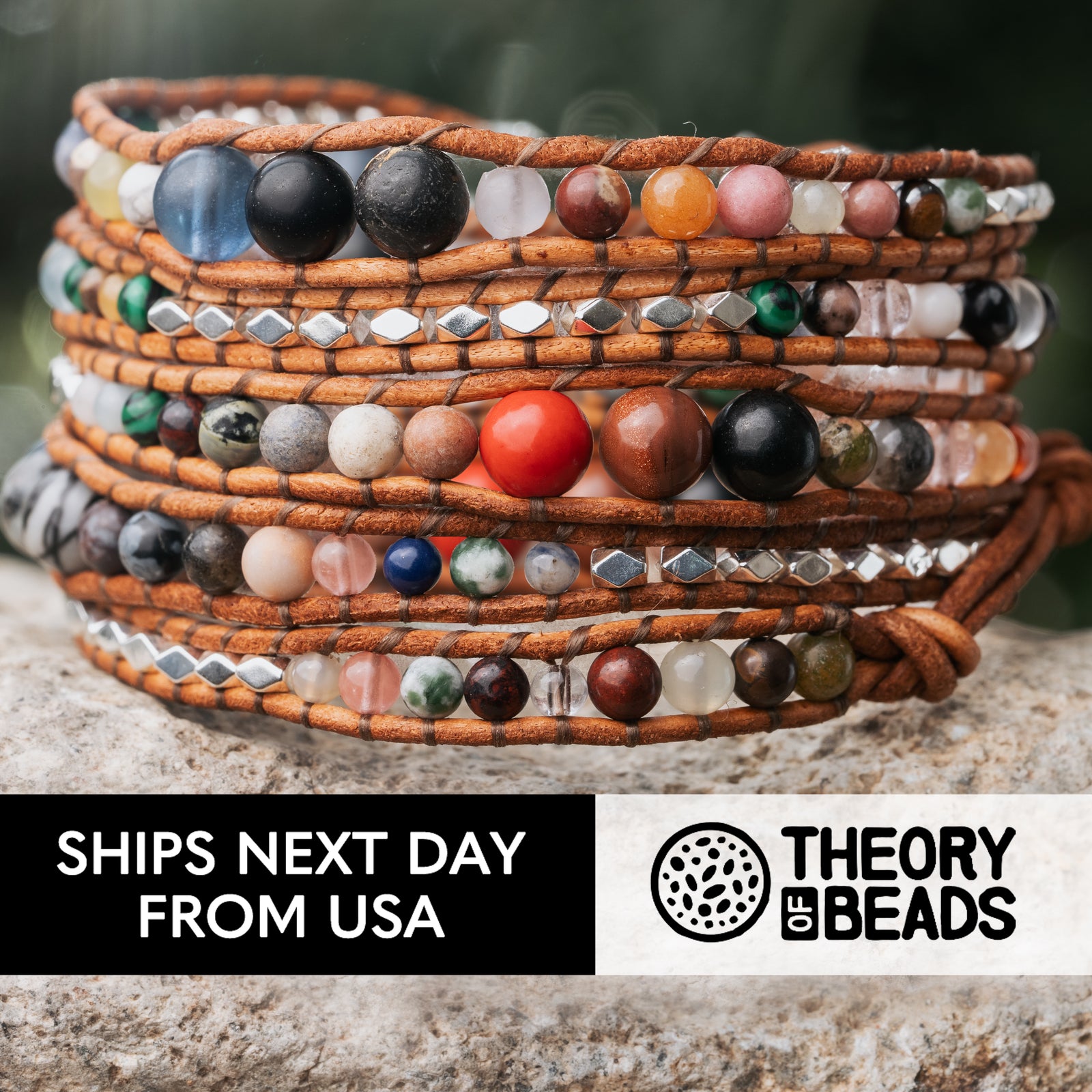 Multi-color natural jasper and onyx stone five leather wrap bracelet