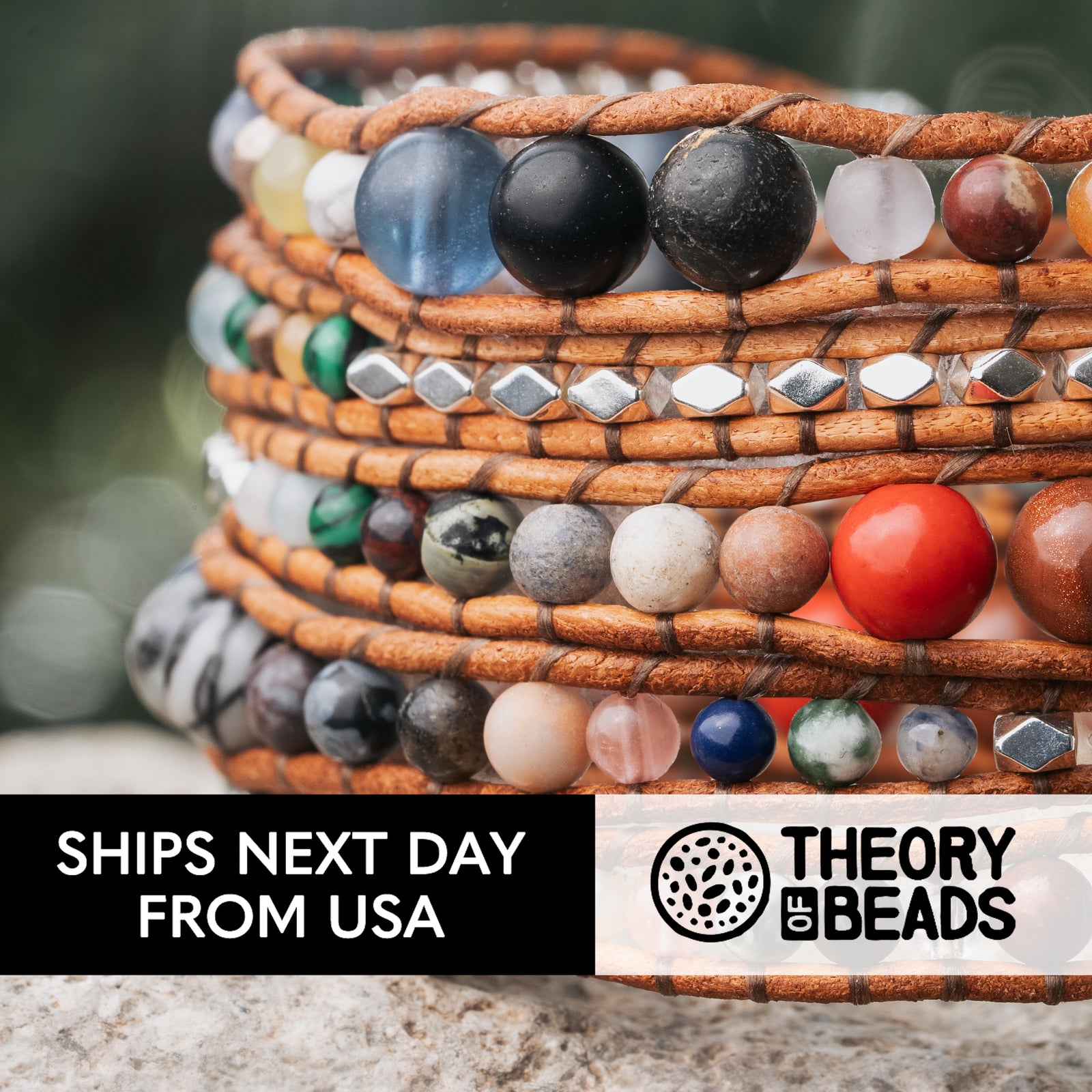 Theory of Beads Jasper and Onyx beads bracelet with five leather wraps