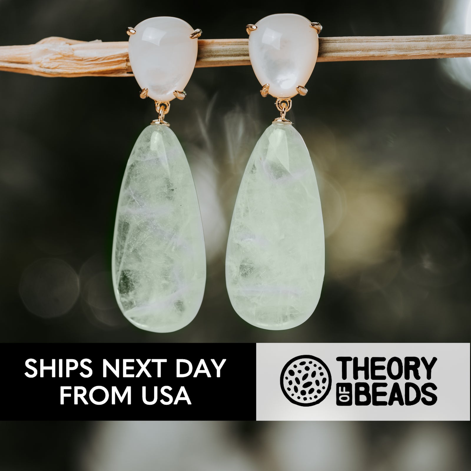 Green and white oval shaped natural fluorite crystal earrings