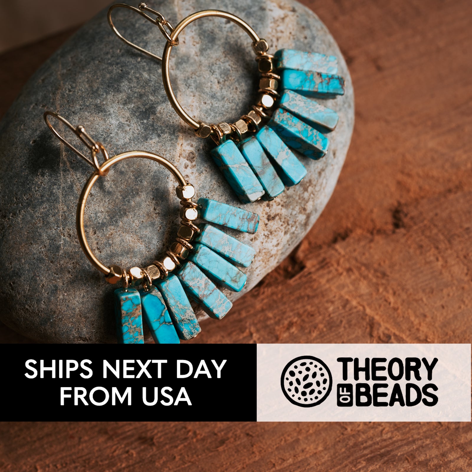 Blue and gold turquoise bar dangle earrings with a hoop