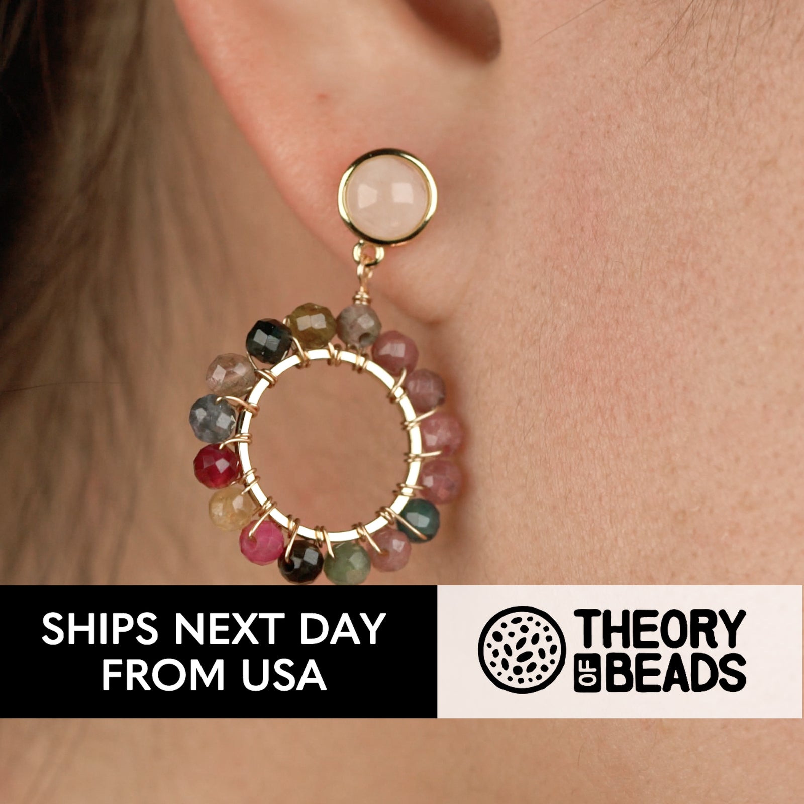 Onyx and gold natural stone circular earrings for her by Theory of Beads