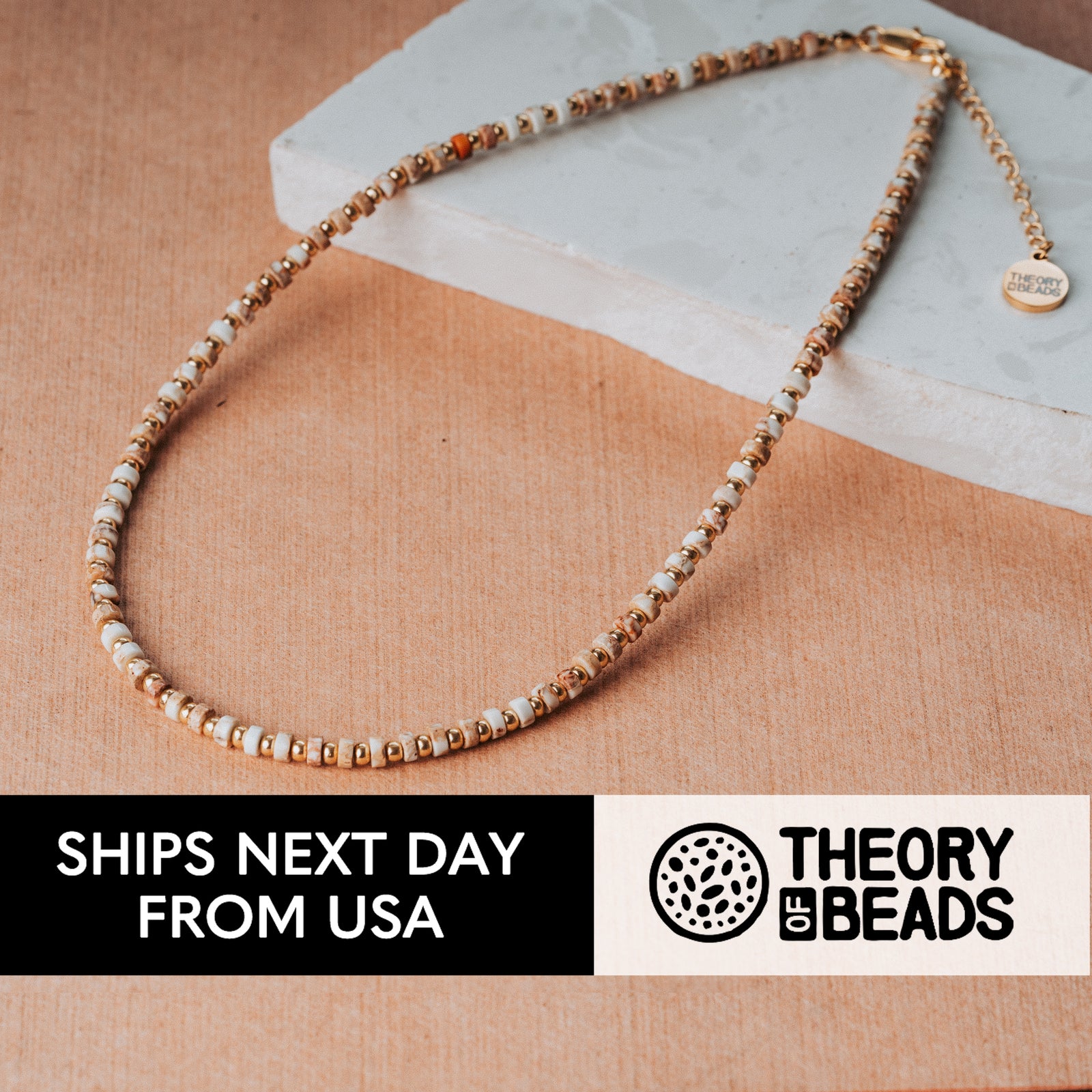 ivory gold and white stone beads necklace