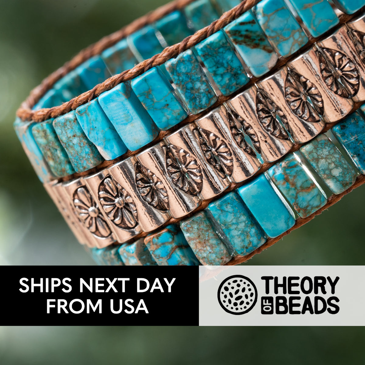 Handmade turquoise stone bracelet with genuine leather