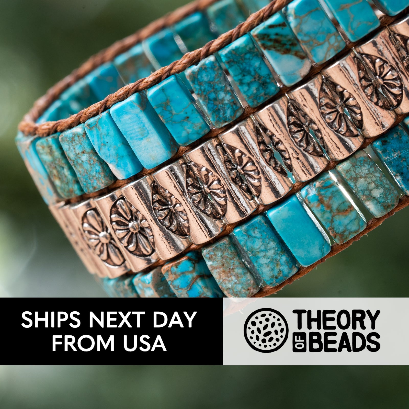 Handmade turquoise stone bracelet with genuine leather