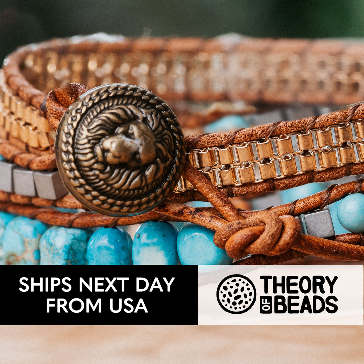 Turquoise stone bracelet with three leather wraps