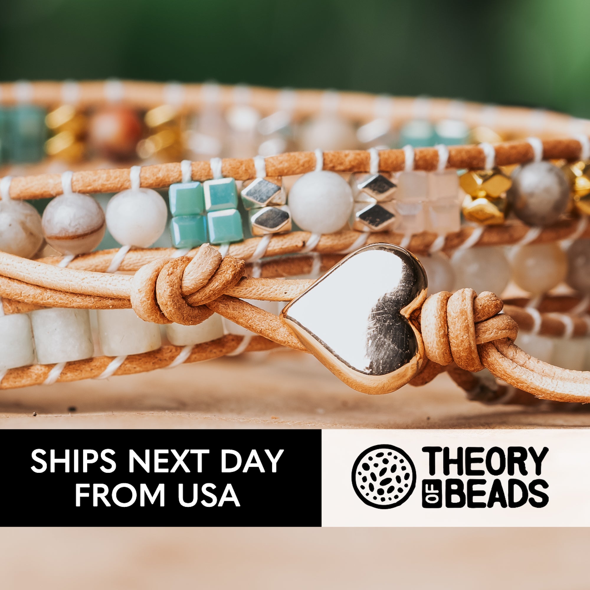 Amazonite stone bracelet with three leather wraps and jasper stone beads