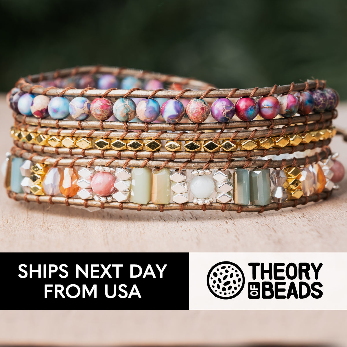 Galaxy purple and gold jasper and amazonite stone three leather wrap bracelet for her