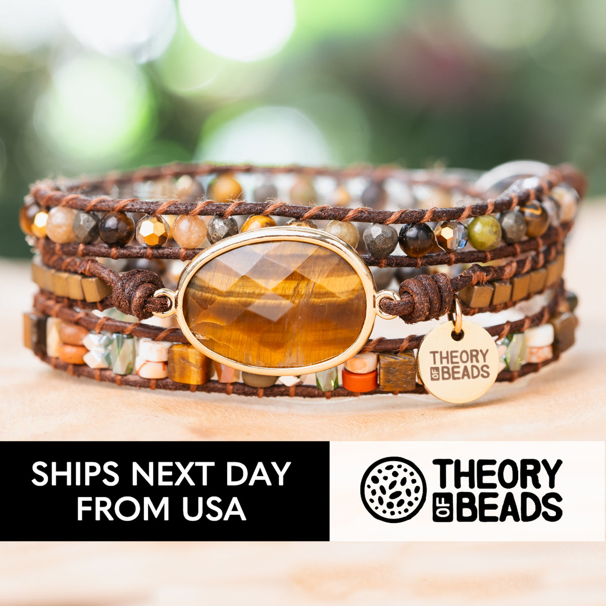 Theory of beads brown and yellow Tiger&#39;s eye five leather wrap bracelet 