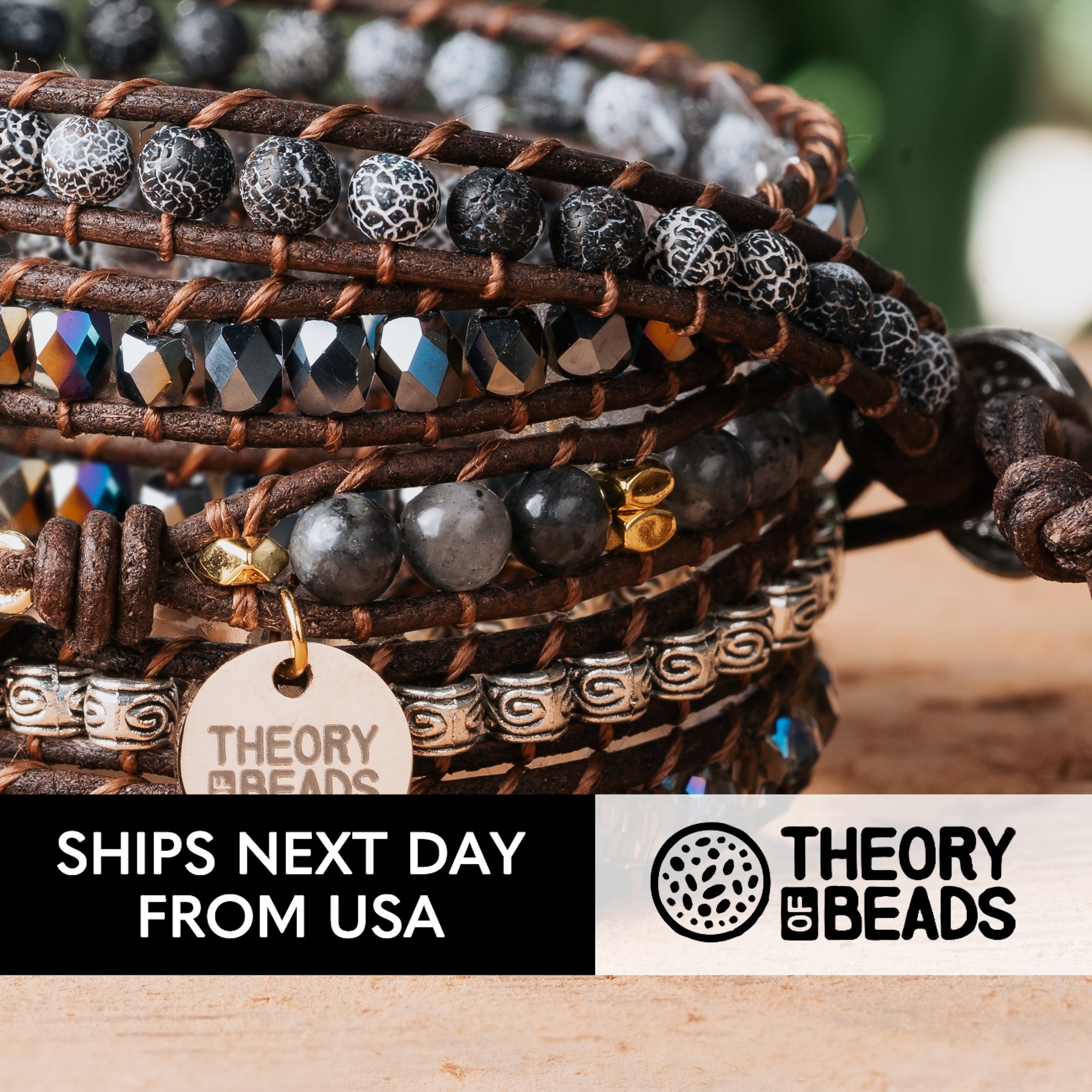 Black and silver natural stone bracelet with five leather wraps