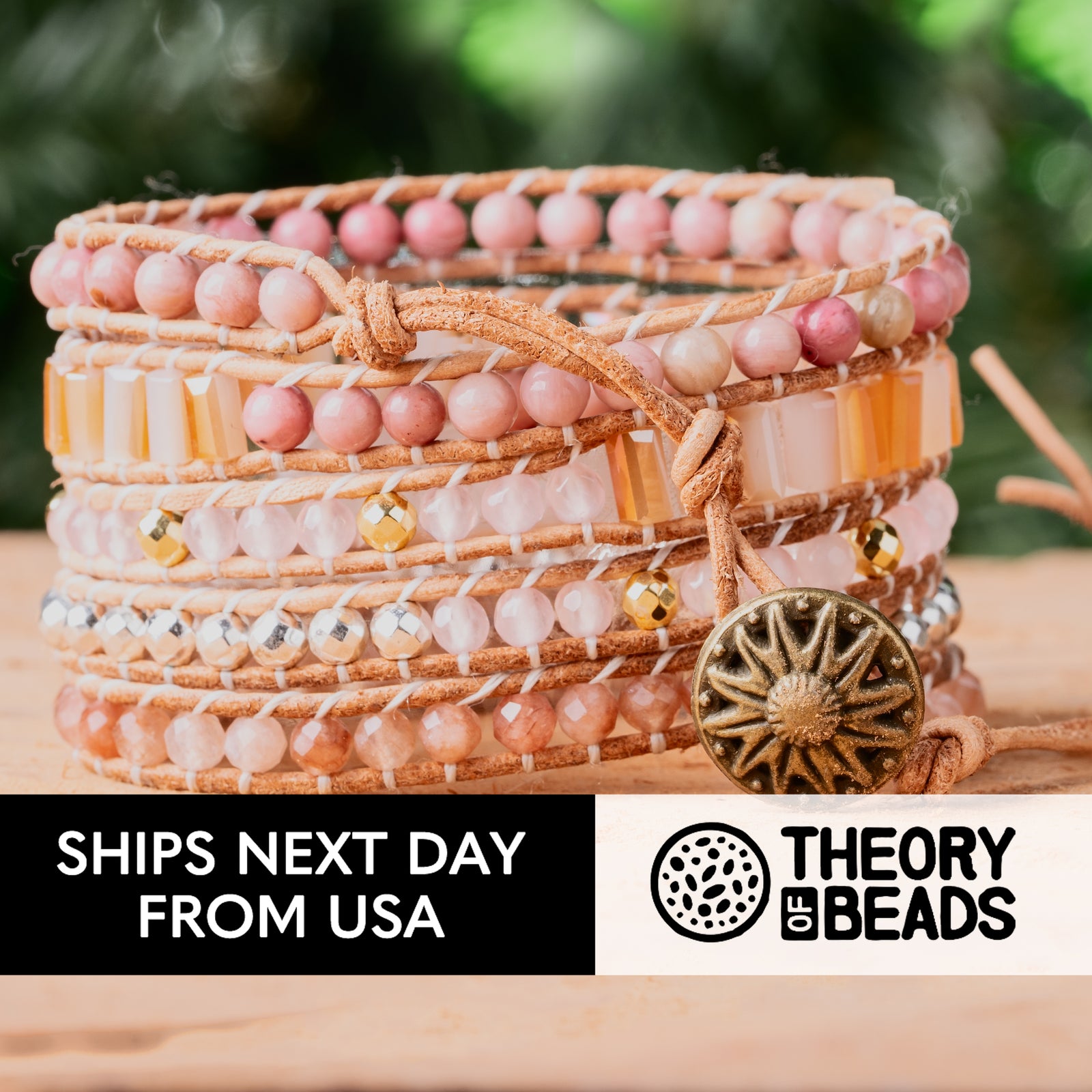 Pink and orange rose quartz stone and natural sunstone five leather wrap bracelet