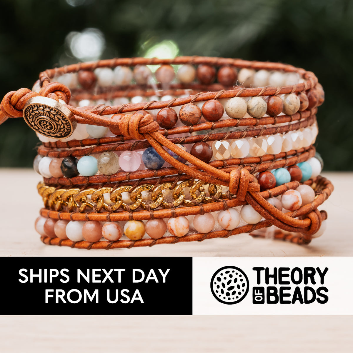 Five leather wrap bracelet with love stone