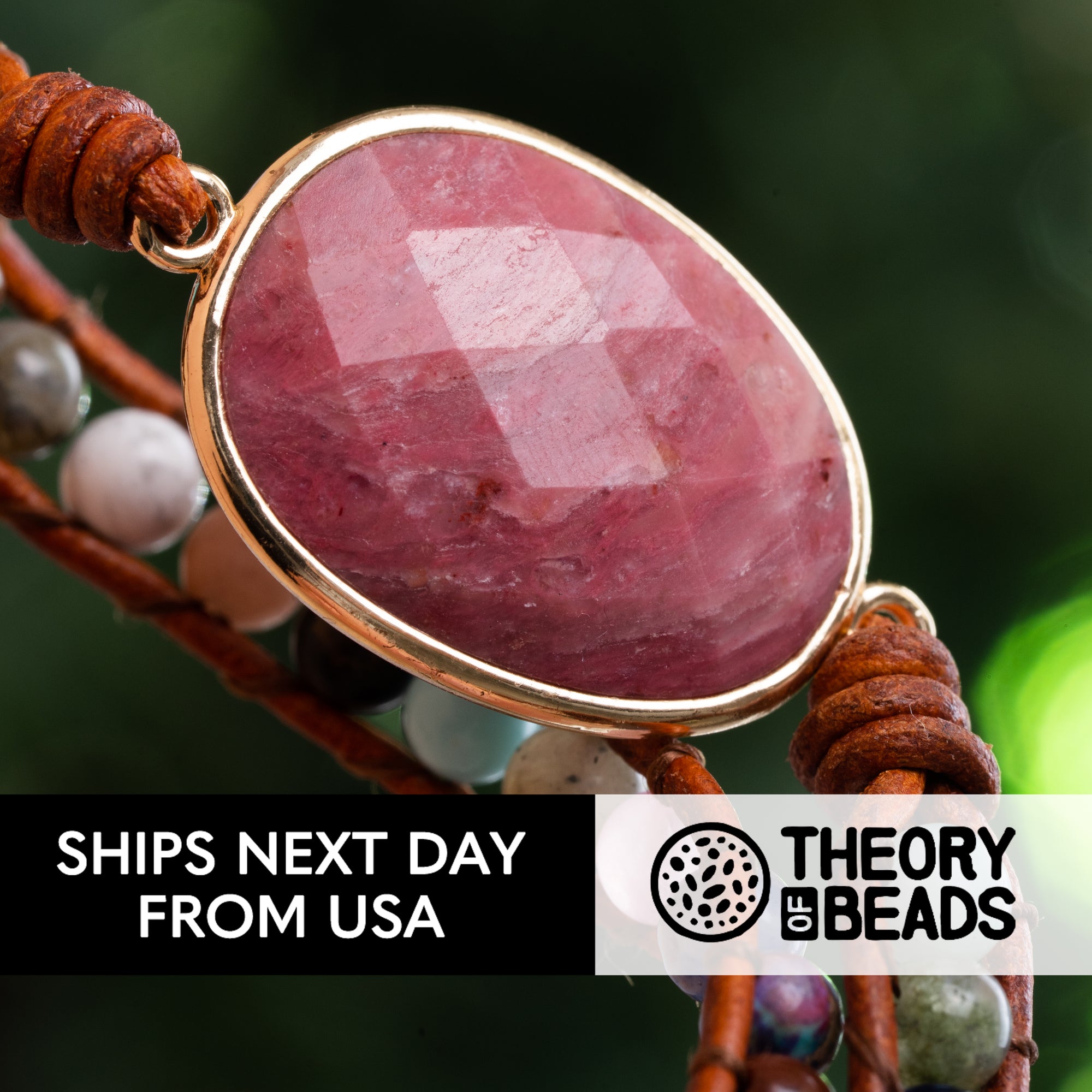 Pink rhodonite five leather wrap bracelet with gold links