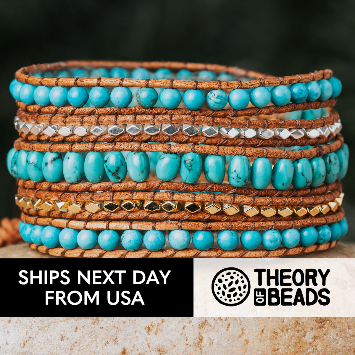 Gold silver and blue five leather wrap bracelet natural stone bracelet with turquoise beads