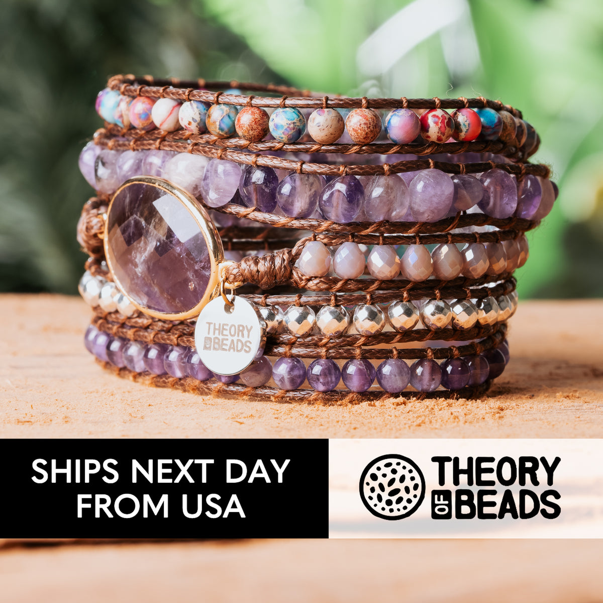 Healing Amethyst stone bracelet with five leather wraps