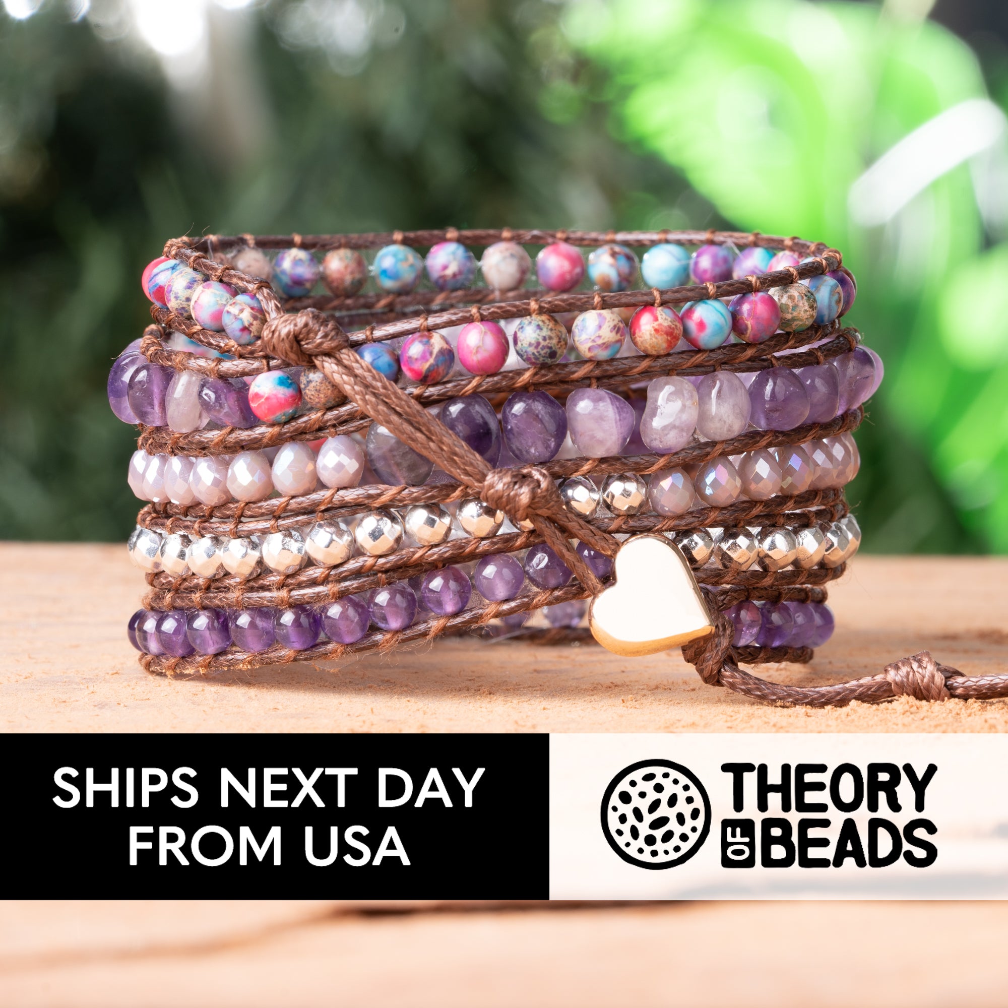 Purple Natural Amethyst Stone Five Leather Wrap Bracelet Theoryofbeads
