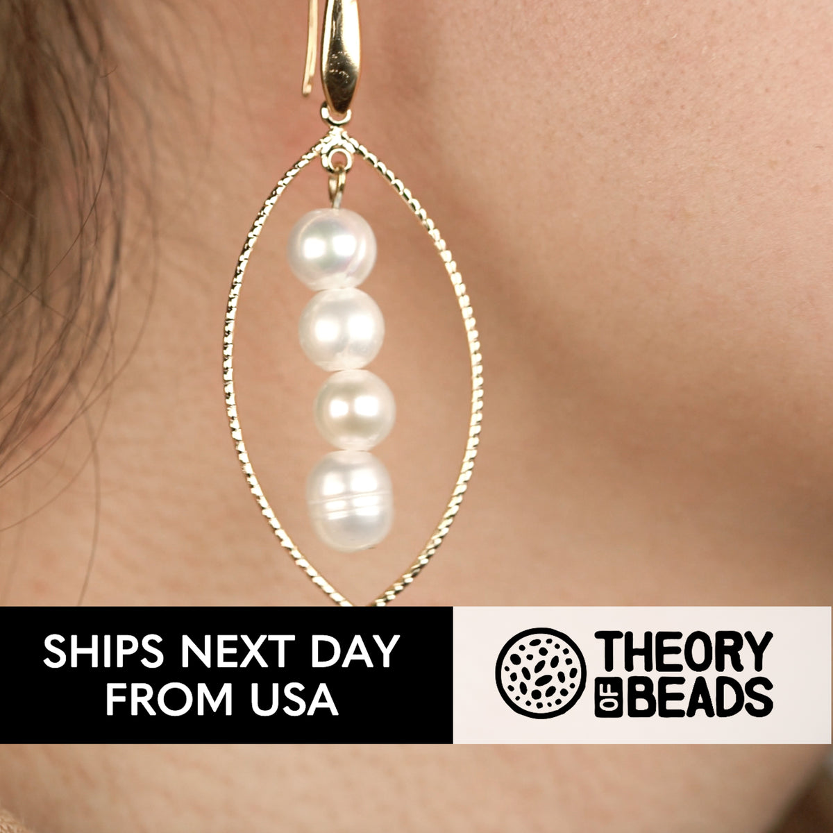 White and gold freshwater pearl earrings with hook clasps by Theory of Beads