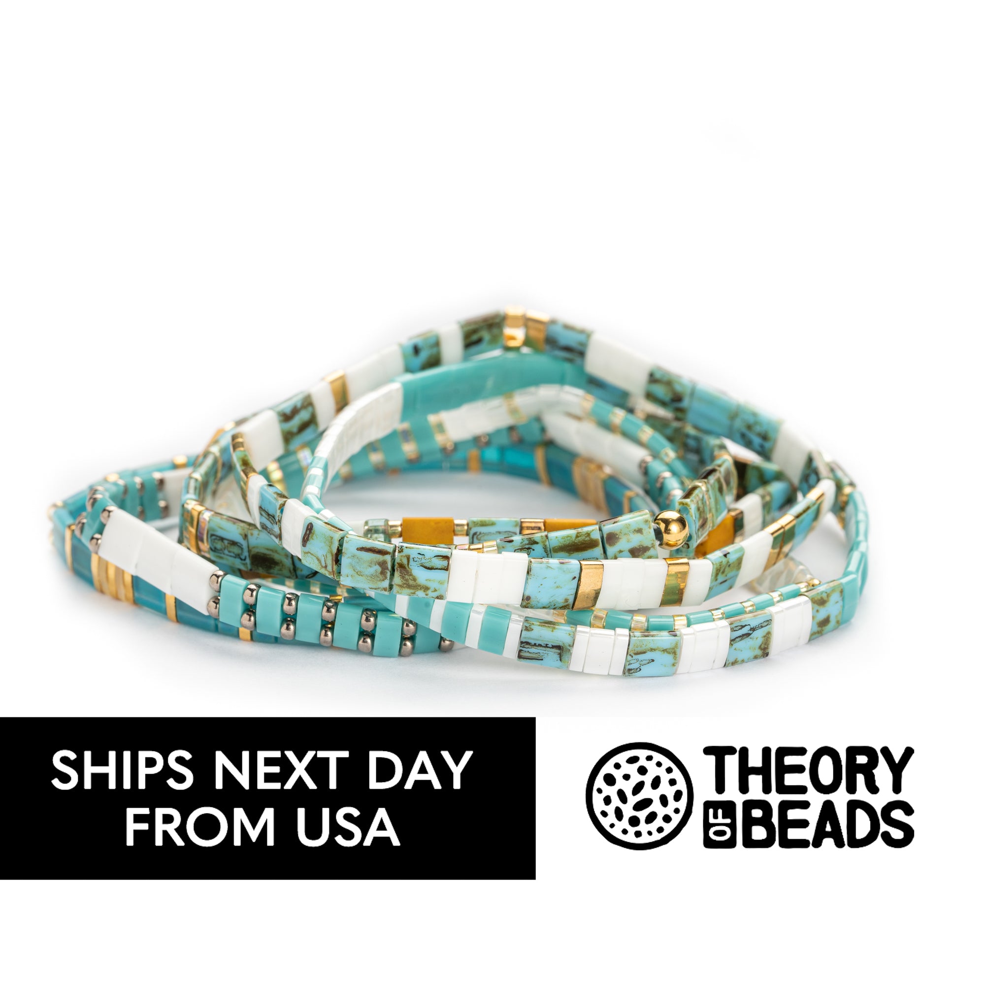 Turquoise Blue and Gold Tila Bead Bracelets