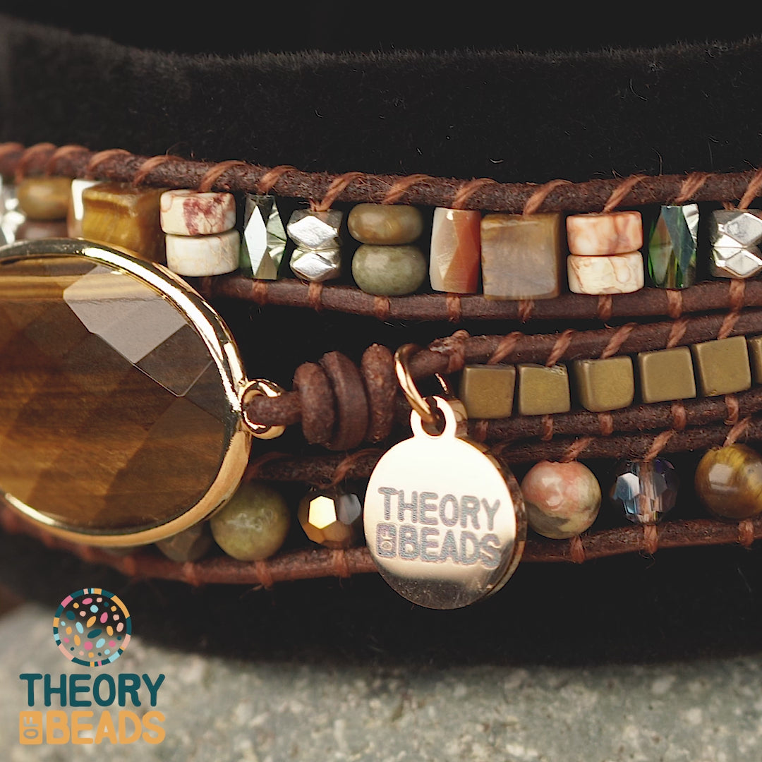 Natural Tiger's eye bracelet with three genuine leather wraps with natural stone