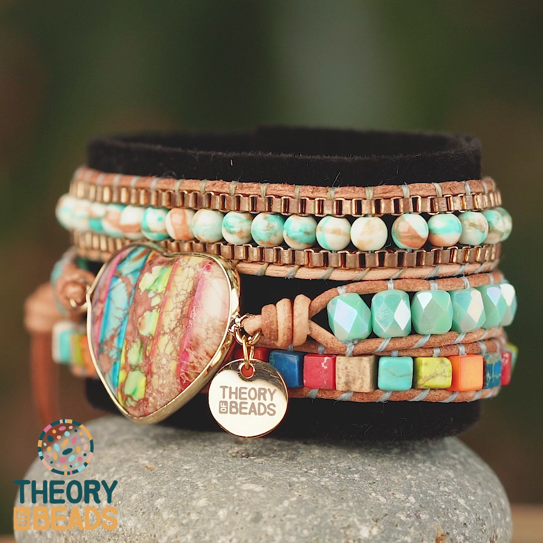 Colorful amazonite and jasper stone bracelet with heart shape 